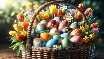 Easter Basket Delight: A Colorful Array of Eggs and Flowers