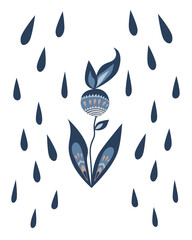 Simple abstract flower in the rain in blue colors for poster