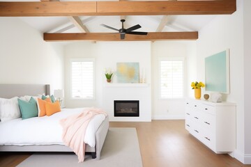 serene white bedroom with wooden beams