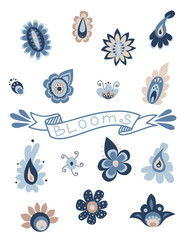 Poster with simple blue flowers and the inscription Blooms