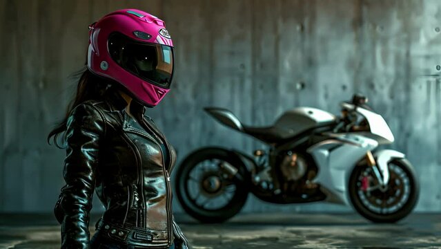 Biker Babe A badass female biker in a formfitting leather jacket, rocking a pink motorcycle helmet and posing with a sleek white sports bike in the background.