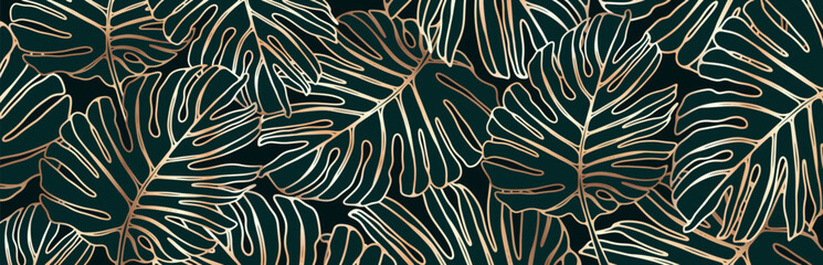 Luxury dark tropical vector background with monstera leaves with golden outline. Botanical background, postcard, wallpaper, cover design. - obrazy, fototapety, plakaty