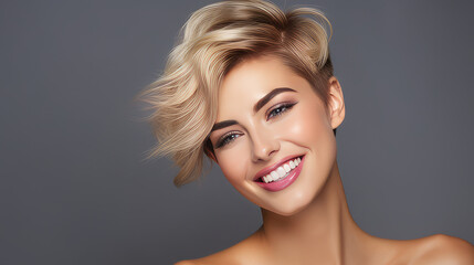 Fototapeta premium Portrait of a beautiful, sexy Caucasian woman with perfect skin and white short hair, on a gray background.
