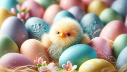 Fototapeta na wymiar Easter Charm: Cute Chick Among Pastel Eggs