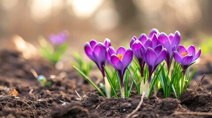 Close-up of vibrant purple crocus flowers pushing through the thawing soil - obrazy, fototapety, plakaty