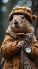 Groundhog wearing a winter hat and hiding his paw in the scarf with hand watch