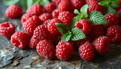 Ripe raspberries on concrete background table. Background of fresh sweet red raspberries arranged...