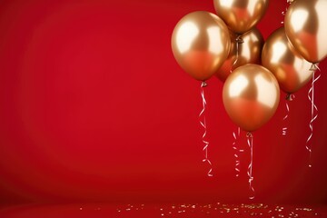 Golden glosst balloon collection isolated on the red copyspace background. Helium inflatable balloon template for party and celebration.