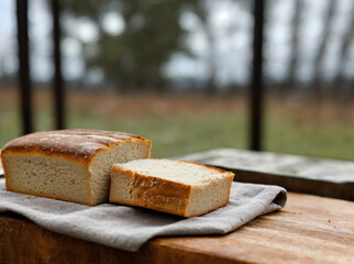 baked bread on the table, blurred nature background