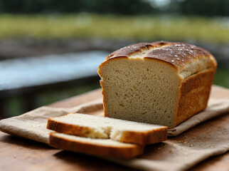 baked bread on the table, blurred nature background