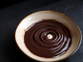 Bowl of hazelnut cream, chocolate paste swirl on black background