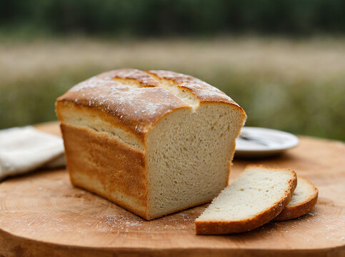 baked bread on the table, blurred nature background