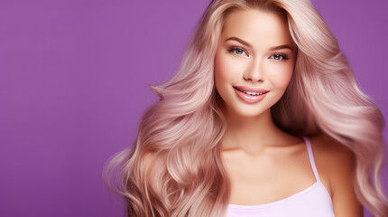 Portrait of a beautiful, sexy Caucasian woman with perfect skin and white long hair, on a purple background.