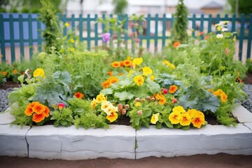 edible flower bed with marigolds and pansies - obrazy, fototapety, plakaty