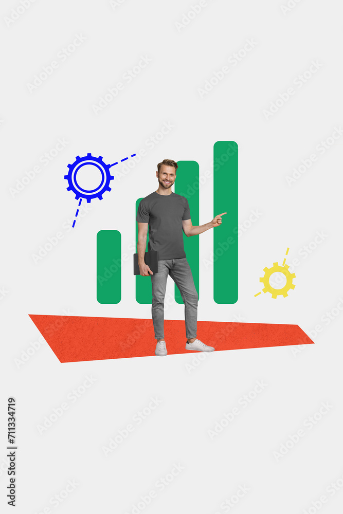 Poster Vertical creative composite photo collage of clever programmer hold laptop directing at smart solution isolated white color background
