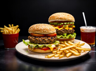 heeseburger hamburger and fries menu meal combo drink isolated on a dark background