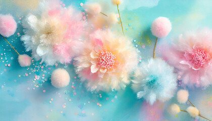 Beautiful fluffy flowers in bright pastel bold colors with feathers and pompons in dreamy landscape - obrazy, fototapety, plakaty