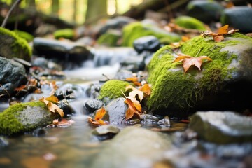 stream with smoothed stones in a temperate rainforest - obrazy, fototapety, plakaty