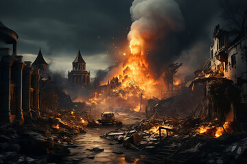 Bombing of the city. Explosions and fire. Ruined city with destroyed buildings, burnt-out vehicles and ruined roads.