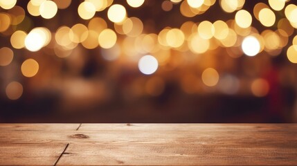 Empty wooden top table with sparkle light bokeh background. Creative mock up for product display.