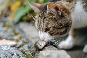 cat eat bite fish, cute cat