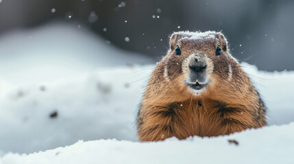 A curious groundhog emerges from snow, its whiskers flecked with winter's touch - obrazy, fototapety, plakaty