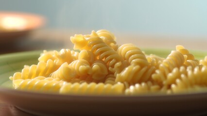 Serving Hot Spiral Pasta Fusilli on Plate. Close-up, shallow dof.