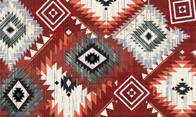 Navajo tribal Red vector green seamless pattern. Native American ornament. Ethnic South Western decor style. Boho geometric ornament. blanket, rug. Woven carpet