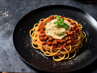 Delicious spaghetti served on a black plate
