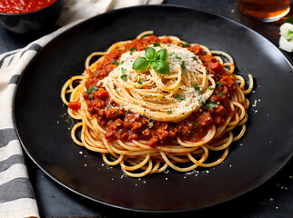 Delicious spaghetti served on a black plate