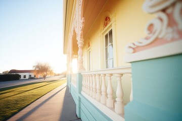 italianate belvedere shadow cast upon the side of the residence during sunrise - obrazy, fototapety, plakaty