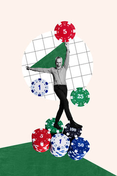 Vertical collage image of excited mini black white effect wealthy grandfather stand pile stack casino chip tokens isolated on creative background