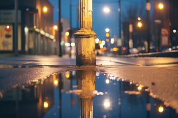 lamp post reflected in a rain puddle at night