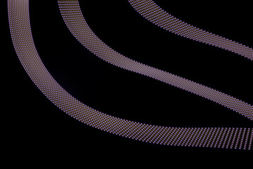 Violet neon curved wave of light with dotted stripes on black background, pattern. Abstract...