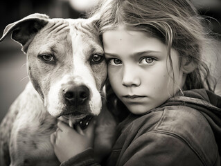 Expressive reportage portrait of a little girl and a large retriever dog, with sad eyes looking into the camera. Black and white.