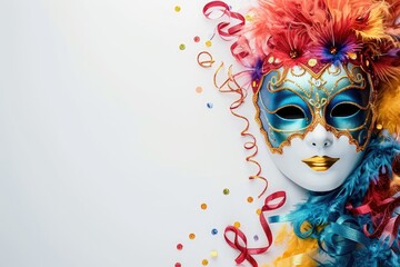 Carnival mask on white background with copyspace for text template 