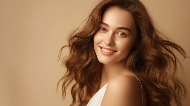 Portrait of a beautiful, sexy happy smiling woman with perfect skin and long hair, on a creamy beige background, banner.