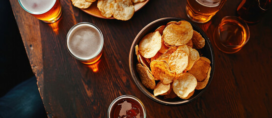 Glasses of beer and a bowl of crispy chips invite a moment of casual relaxation - Powered by Adobe