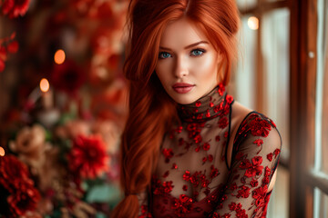 Swedish supermodel, red hair, elegant ponytail, hyper realistic, natural beauty model, bright floral tight mini dress, high neck, gorgeous body, concept of delicacy, subtlety