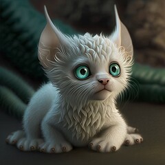 Small white dragon kitten with big eyes