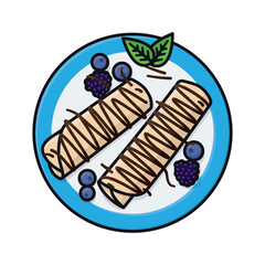 Sweet pancake rolls with berries on plate isolated vector illustration for Bavarian Crepes Day on March 22