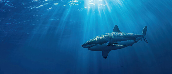 A great white shark glides gracefully, bathed in the ethereal light of the deep blue sea