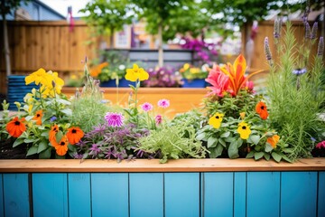 Fototapeta na wymiar colorful flowers in elevated wooden garden bed