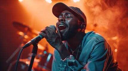 close up Singer holding a microphone stand and performing on stage - obrazy, fototapety, plakaty