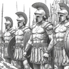 Obraz premium Ancient Battle Scenes with 'Warriors of the Past'. A Coloring Book in Black and White 