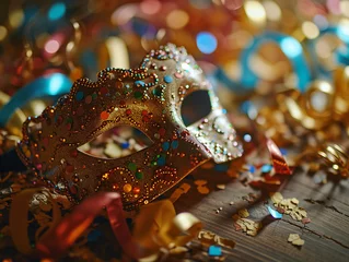 Gordijnen Beautiful carnival mask on bright shiny colored background, tinsel, sequins, holiday, confetti. New Year's holidays, carnival, birthday. Photorealistic, background with bokeh effect.  © Mariia Mazaeva