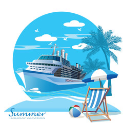 Luxury voyage cruises on a passenger ship vessel to amazing destinations. Marine relaxation in summer holiday vacation, travel and adventure transport - obrazy, fototapety, plakaty