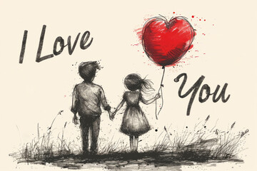 Scribble of love couple holding hands and red balloon with I love you text for Valentines Day