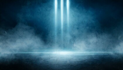 dark blue background, an empty dark stage, neon light, spotlights The asphalt floor and the studio room with smoke float on the interior texture