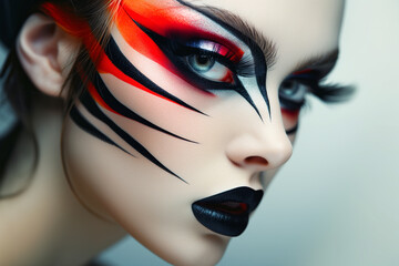Close up dramatic eye makeup. Fashion art portrait. Beauty makeup artist ideas. Black lips, eyes, eyeshadows. Vivid bright make-up, lipstick for party.